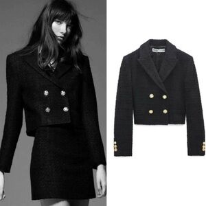 ZARA Elegant Black Double-Breasted tweed cropped Jacket gold buttons size L